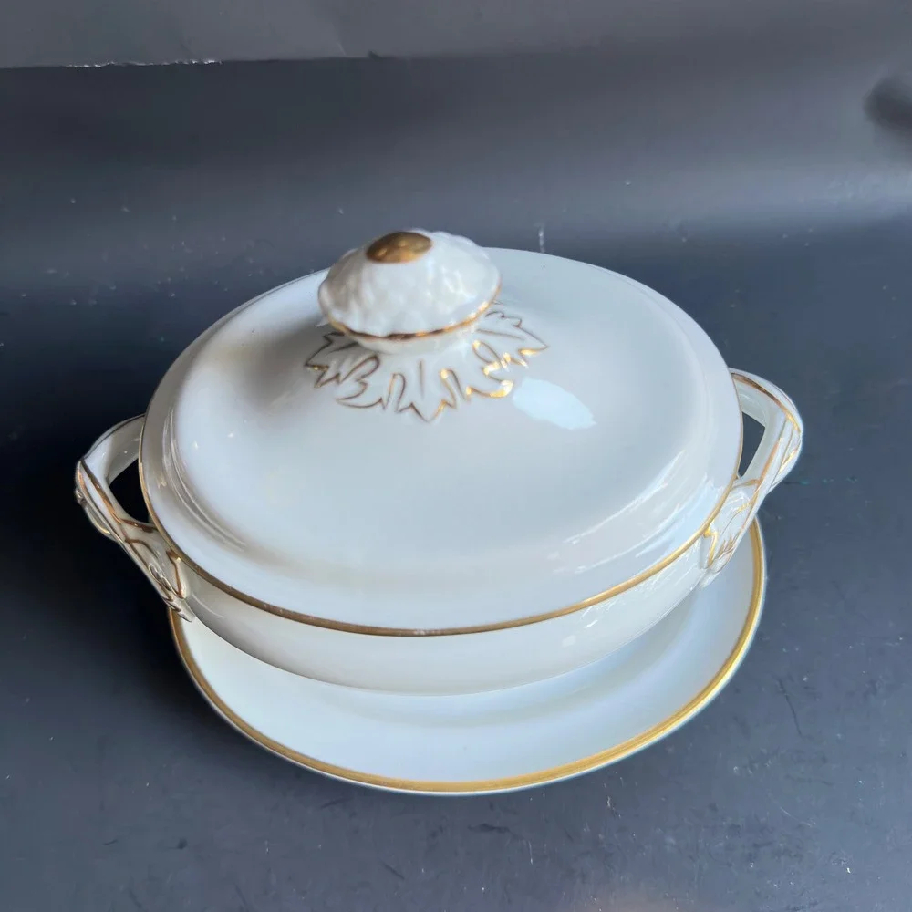 Vintage Porcelain Sauce Tureen Lid Underplate White Gold Trim 3pc Cottagecore